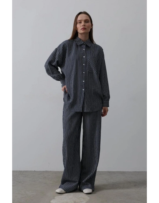 Çizgili Cep Detaylı Oversize Takım  acivert