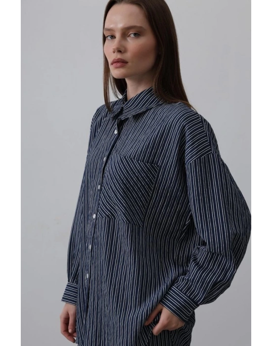 Çizgili Cep Detaylı Oversize Takım  acivert