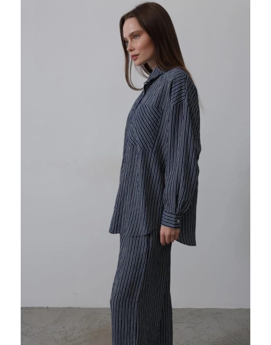 Çizgili Cep Detaylı Oversize Takım  acivert