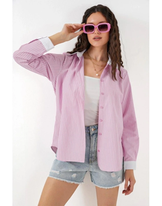 Çizgili Gömlek 20288  Pembe