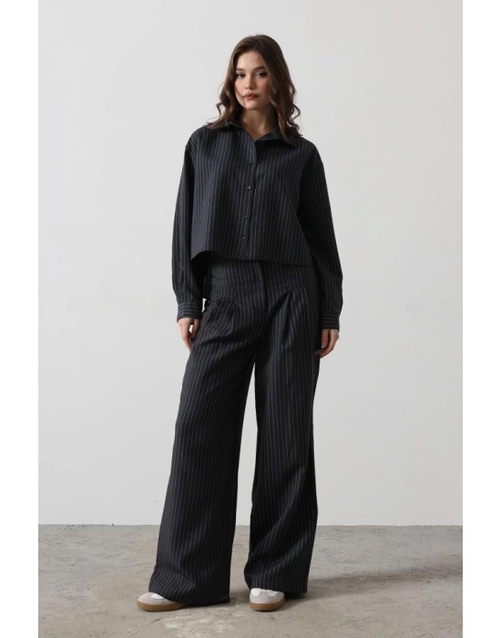 Çizgili Gömlek Pantolon Takım  acivert