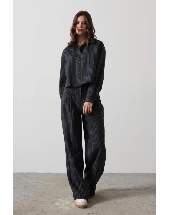 Çizgili Gömlek Pantolon Takım  acivert