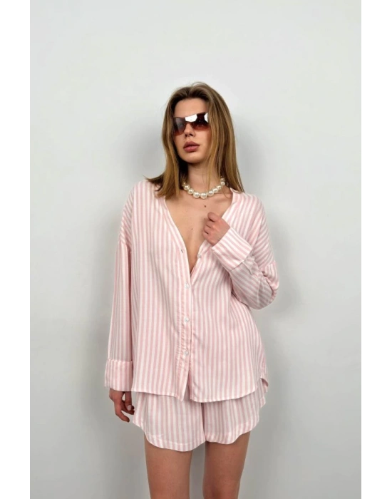 Çizgili Gömlek Şort Takım