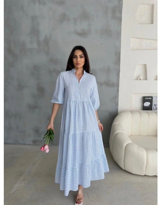 ÇİZGİLİ KETEN HAKİM YAKA DÜĞMELİ ALAŞ ELBİE  Mavi