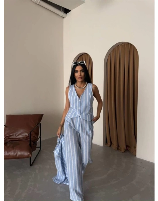 ÇİZGİLİ KETEN YELEKPANTOLON TAKI  avi