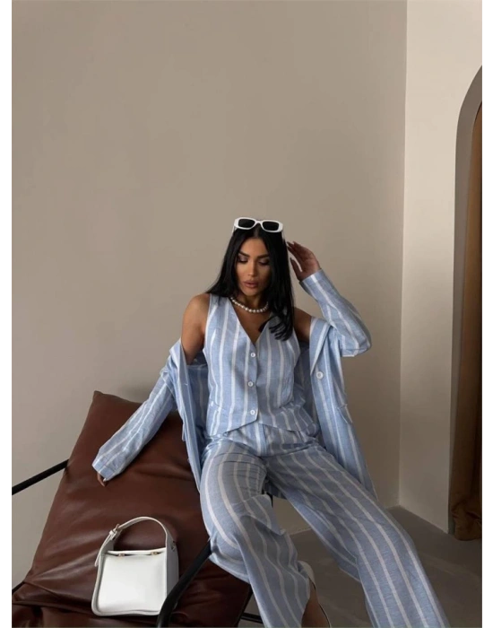 ÇİZGİLİ KETEN YELEKPANTOLON TAKI  avi