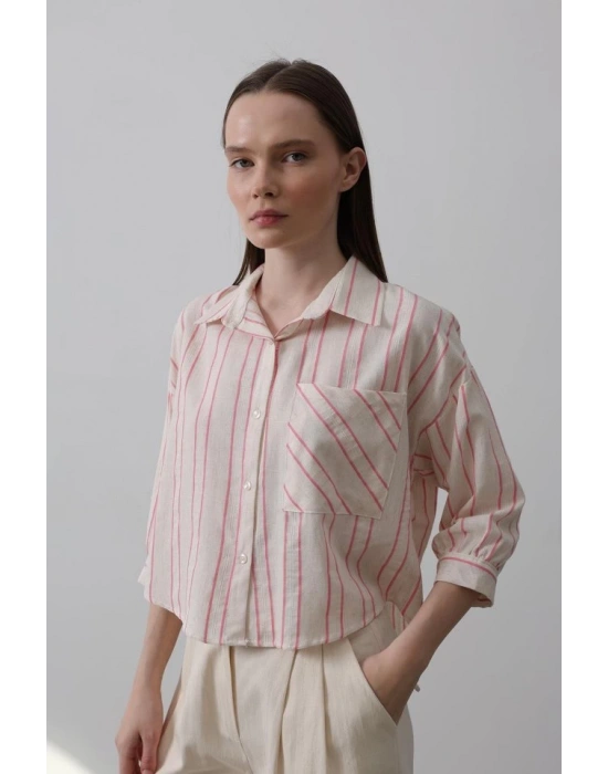 Çizgili Kısa Gömlek  Bej Pembe