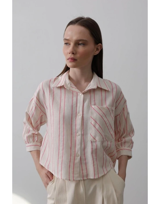 Çizgili Kısa Gömlek  Bej Pembe