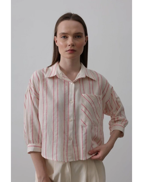 Çizgili Kısa Gömlek  Bej Pembe