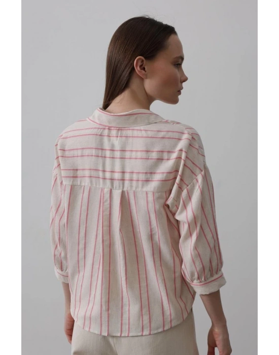 Çizgili Kısa Gömlek  Bej Pembe