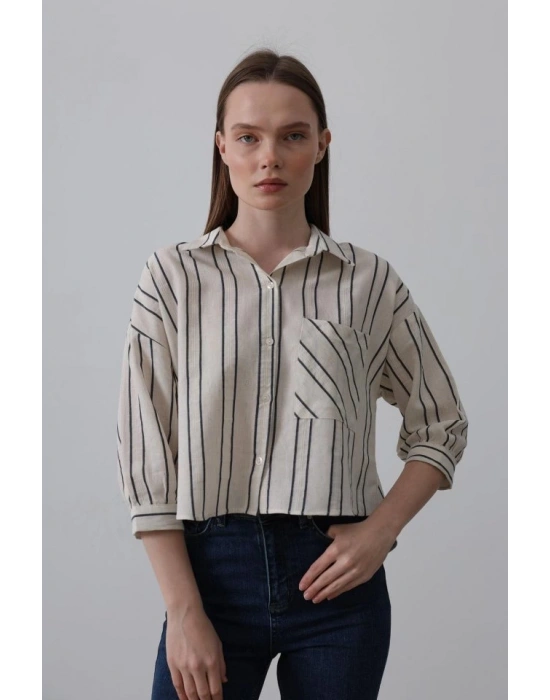 Çizgili Kısa Gömlek  Bejacivert