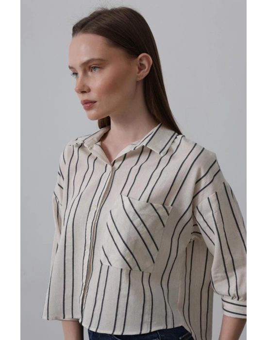Çizgili Kısa Gömlek  Bejacivert