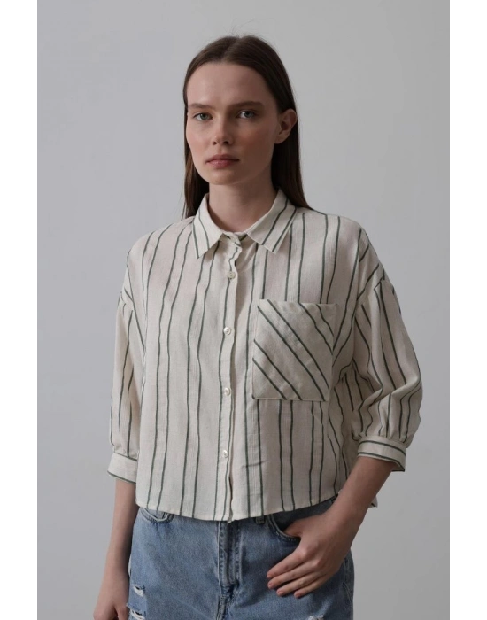 Çizgili Kısa Gömlek  BejYeşil