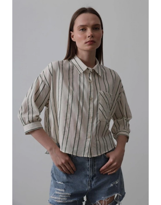Çizgili Kısa Gömlek  BejYeşil