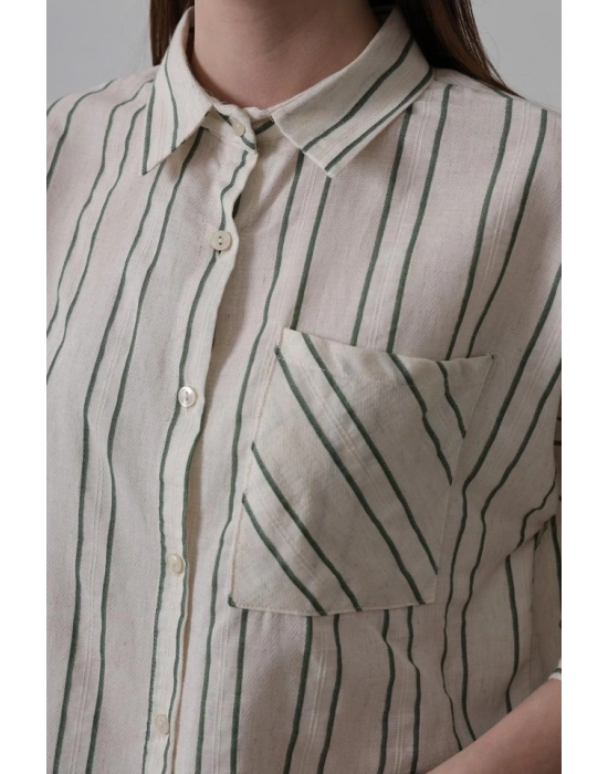 Çizgili Kısa Gömlek  BejYeşil