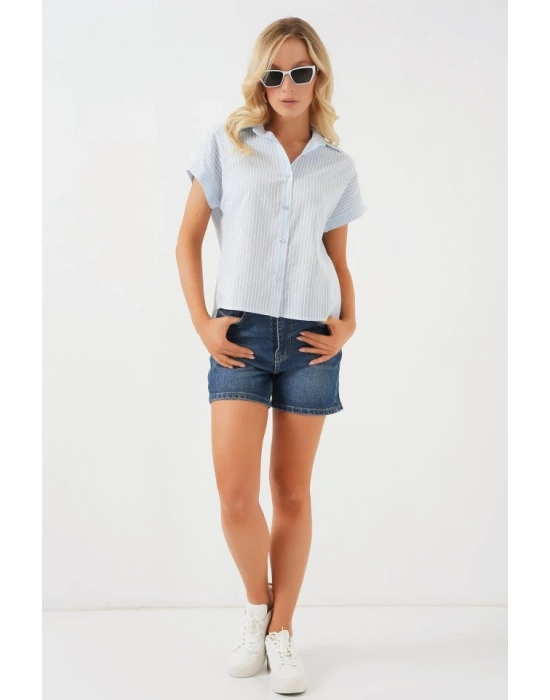 Çizgili Kısa Kol Gömlek 20324  Açık Mavi