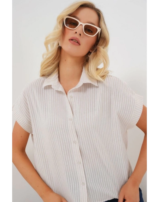 Çizgili Kısa Kol Gömlek 20324  Krem