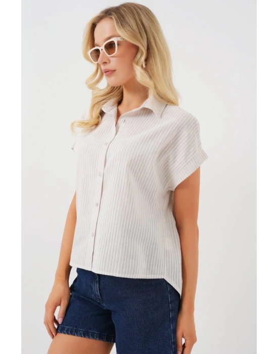 Çizgili Kısa Kol Gömlek 20324  Krem