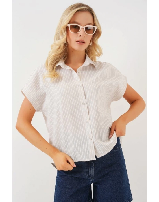 Çizgili Kısa Kol Gömlek 20324  Krem