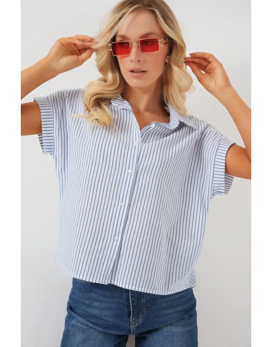 Çizgili Kısa Kol Gömlek 20324  Mavi