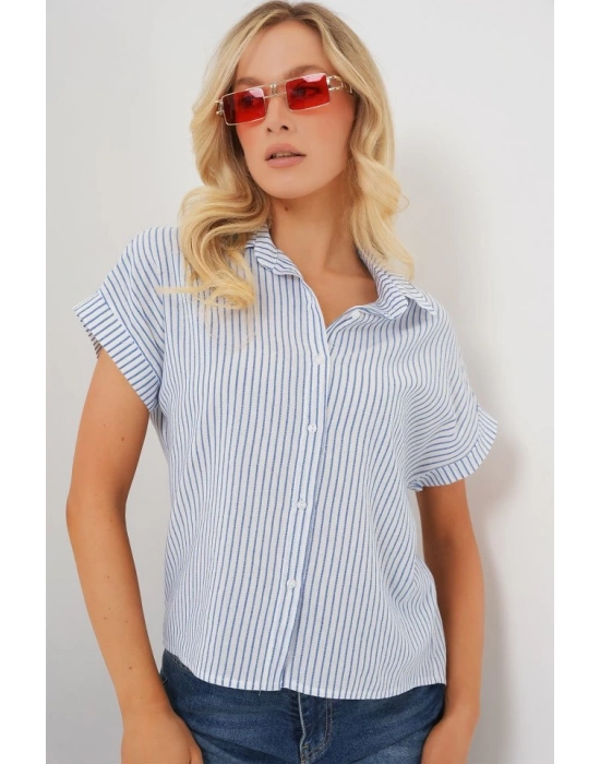Çizgili Kısa Kol Gömlek 20324  Mavi