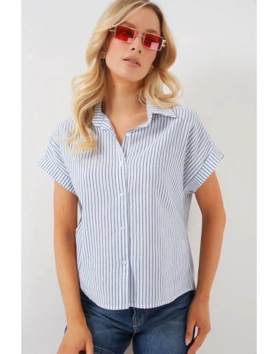 Çizgili Kısa Kol Gömlek 20324  Mavi