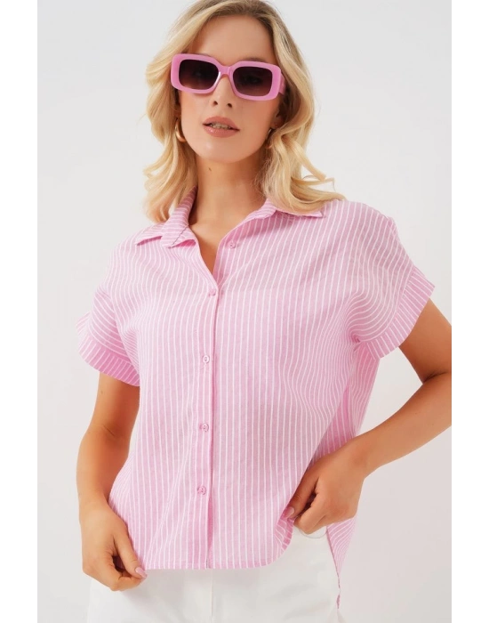 Çizgili Kısa Kol Gömlek 20324  Pembe