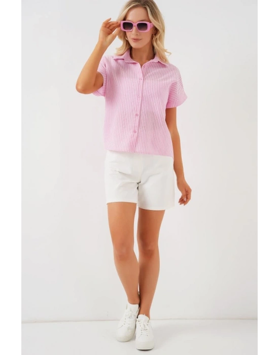 Çizgili Kısa Kol Gömlek 20324  Pembe