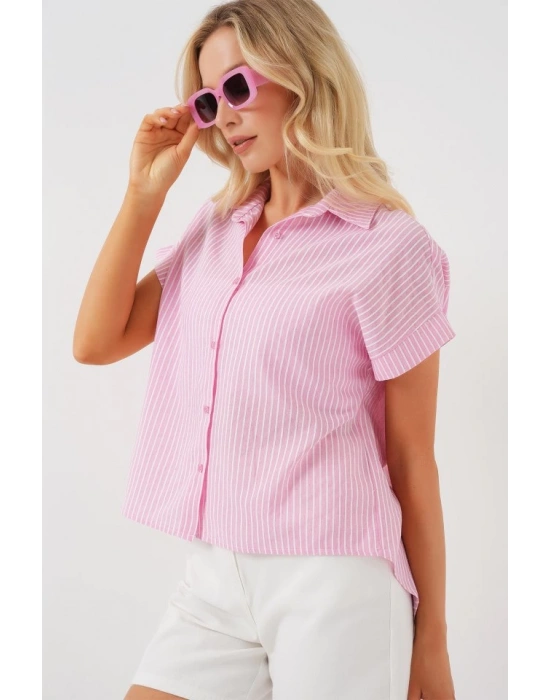 Çizgili Kısa Kol Gömlek 20324  Pembe