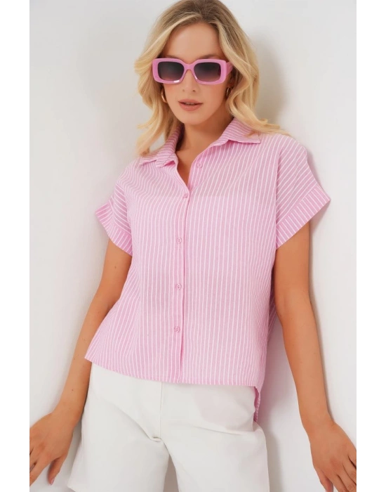 Çizgili Kısa Kol Gömlek 20324  Pembe