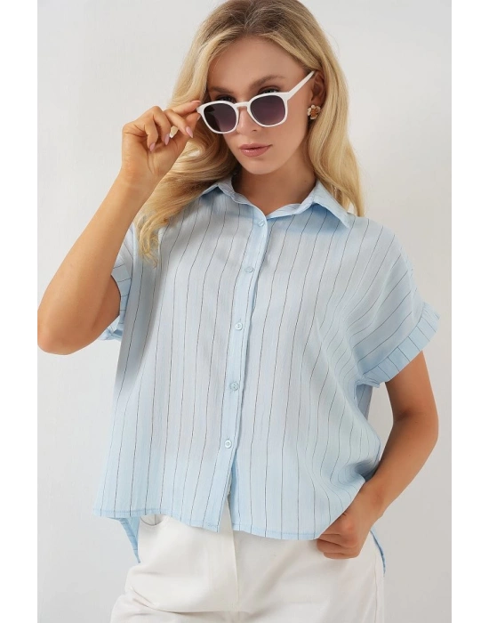 Çizgili Kısa Kol Gömlek 20327  Mavi