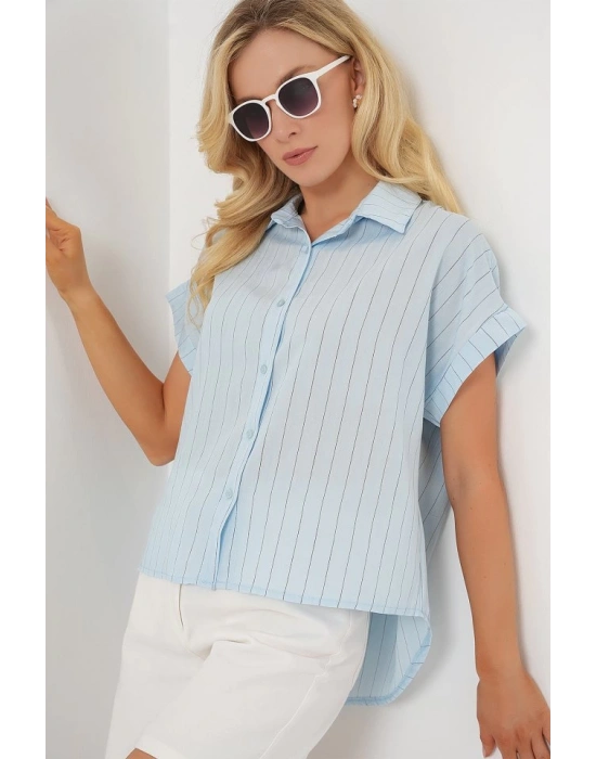 Çizgili Kısa Kol Gömlek 20327  Mavi