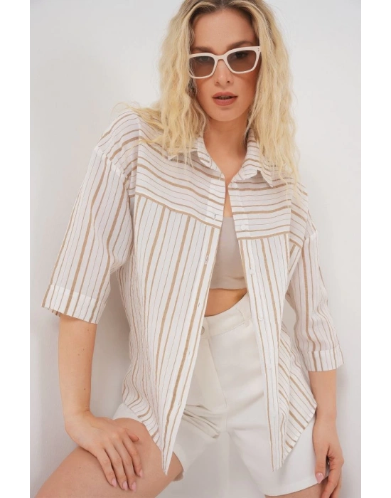 Çizgili Kısa Kol Gömlek 20344  Krem
