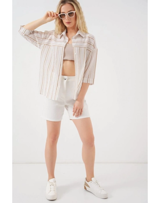Çizgili Kısa Kol Gömlek 20344  Krem