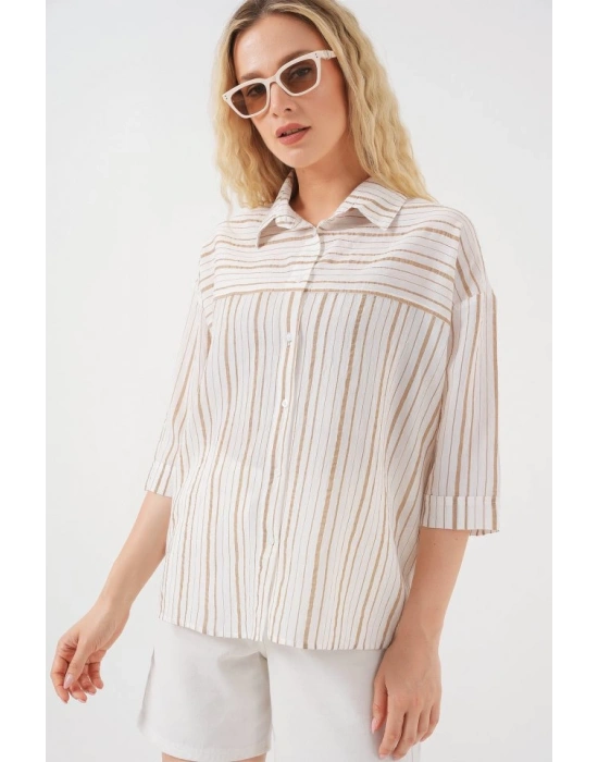 Çizgili Kısa Kol Gömlek 20344  Krem