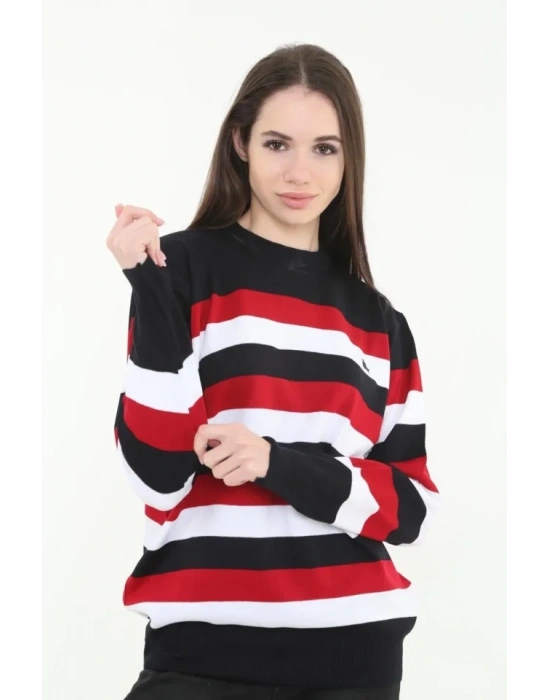 Çizgili Nakışlı Kazak  Siyah