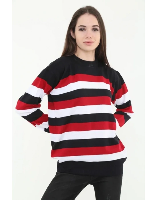 Çizgili Nakışlı Kazak  Siyah