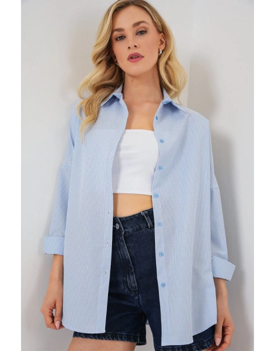 Çizgili Oversize Gömlek 20332  Açık Mavi