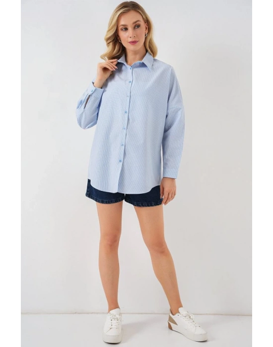 Çizgili Oversize Gömlek 20332  Açık Mavi