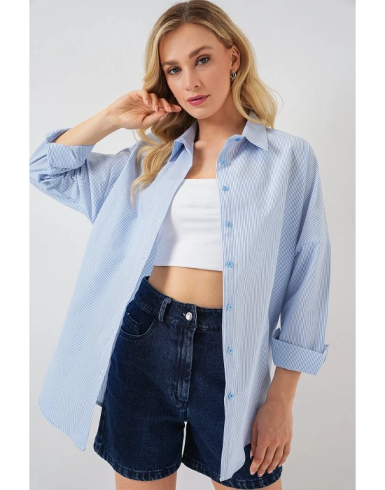 Çizgili Oversize Gömlek 20332  Açık Mavi