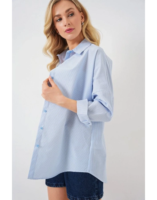 Çizgili Oversize Gömlek 20332  Açık Mavi