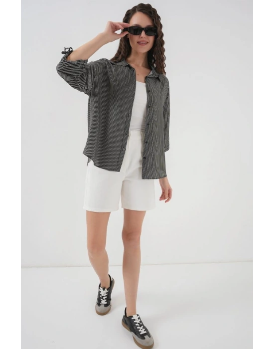 Çizgili Oversize Kısa Kol Gömlek 20296  Siyah