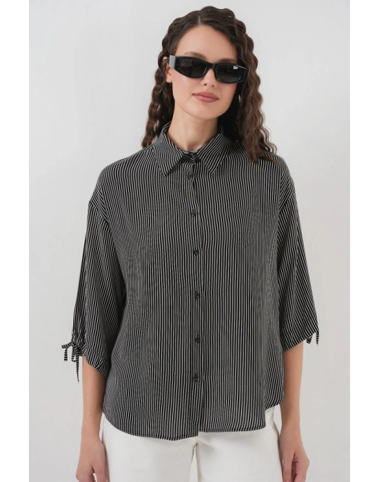 Çizgili Oversize Kısa Kol Gömlek 20296  Siyah