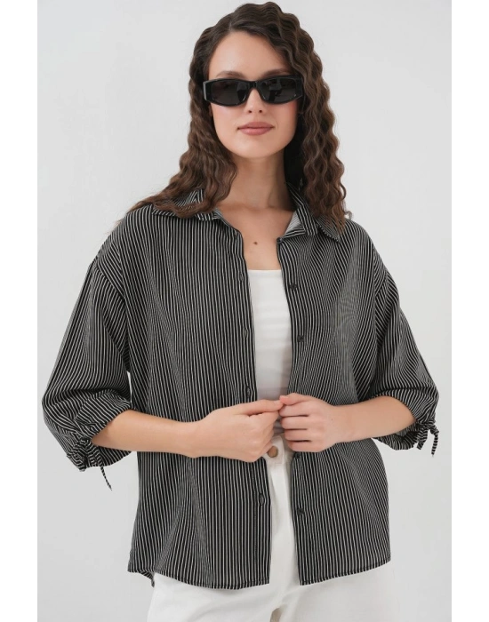 Çizgili Oversize Kısa Kol Gömlek 20296  Siyah