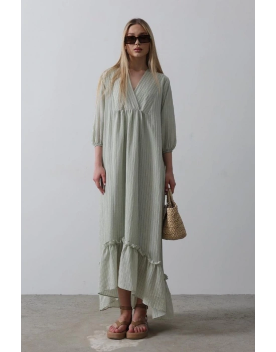 Çizgili Oversize V Yaka Elbise  Haki