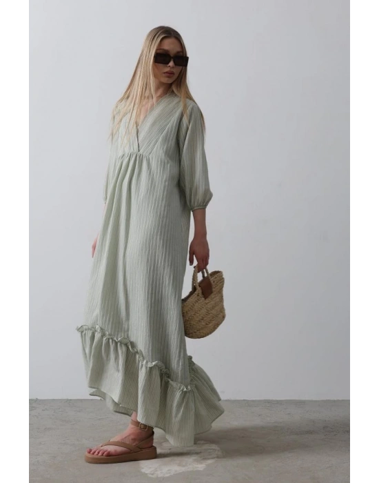 Çizgili Oversize V Yaka Elbise  Haki