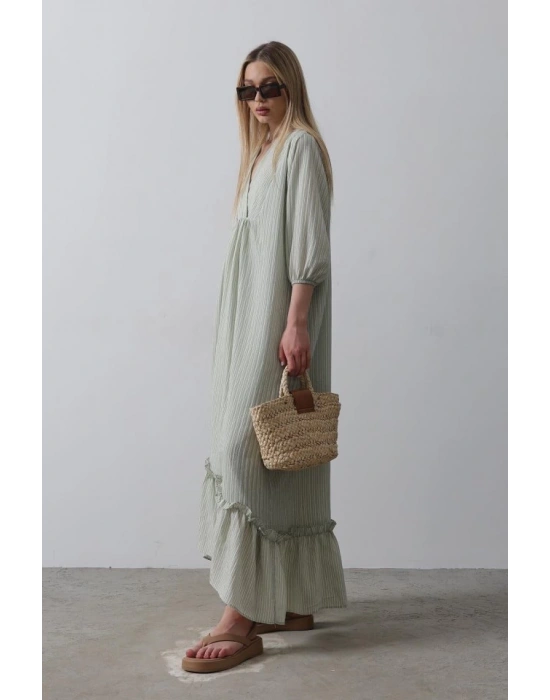 Çizgili Oversize V Yaka Elbise  Haki