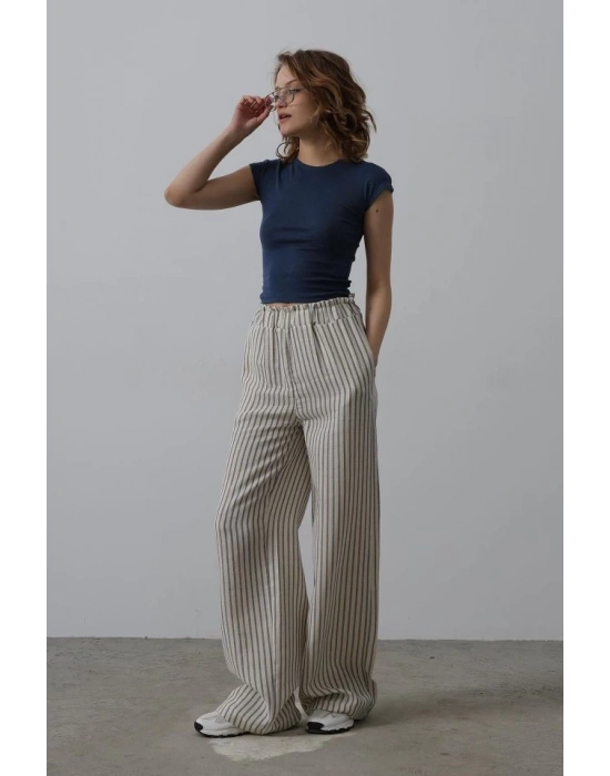 Çizgili Pamuklu astikli Pantolon  Bejacivert