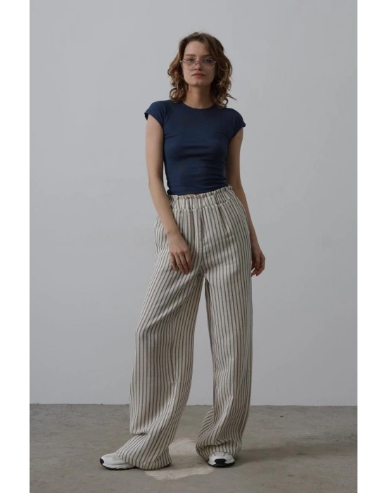 Çizgili Pamuklu astikli Pantolon  Bejacivert