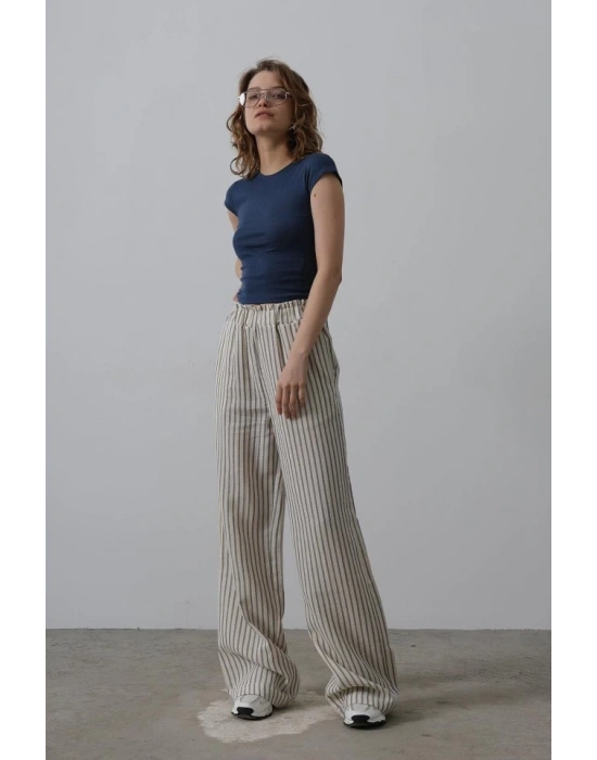 Çizgili Pamuklu astikli Pantolon  Bejacivert